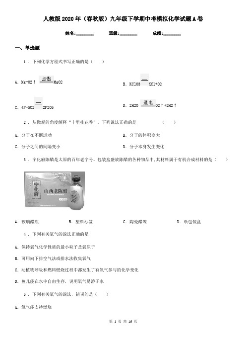 人教版2020年(春秋版)九年级下学期中考模拟化学试题A卷精编