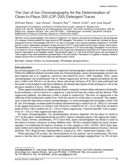 The Use of Ion Chromatography for the Determination of Clean-In-Place-200 (CIP-200) Detergent Traces