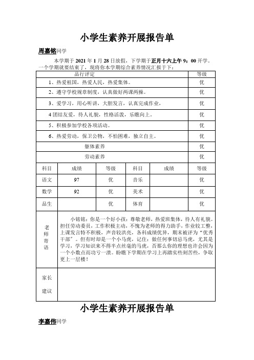 小学生素质发展报告单