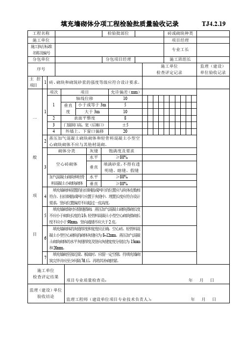 填充墙砌体分项工程检验批质量验收记录