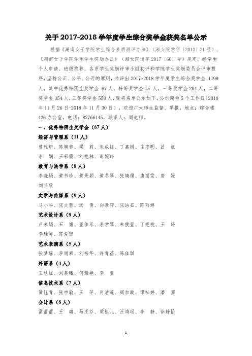 关于2017-2018学年度学生综合奖学金获奖名单公示