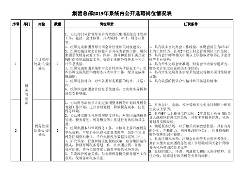 集团总部2019年系统内公开选聘岗位情况表