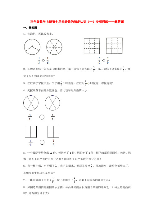 【题型专项特训】三年级数学上册第七单元分数的初步认识(一)专项训练——解答题(苏教版,含答案)