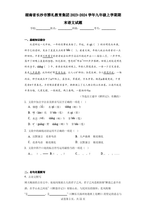 湖南省长沙市雅礼教育集团2023-2024学年九年级上学期期末语文试题