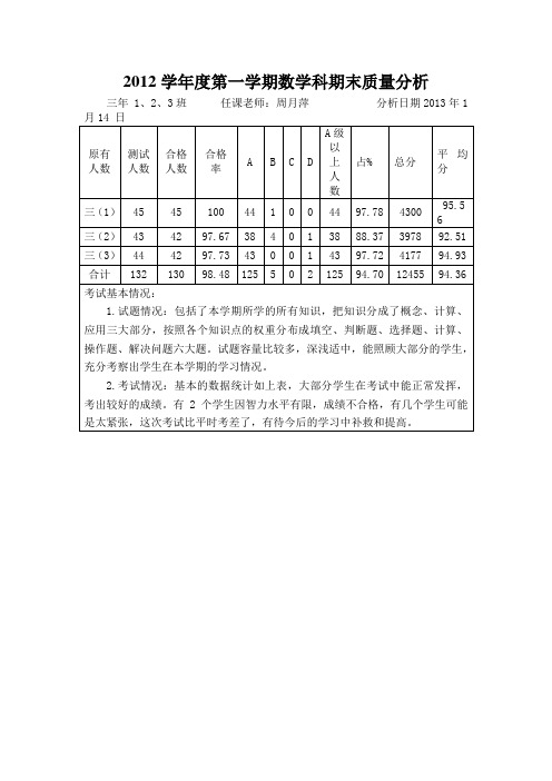 2012学年度第一学期三年级数学科期末质量分析