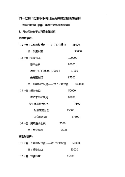 同一控制下控制权取得日后合并财务报表的编制