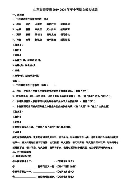 山东省泰安市2019-2020学年中考语文模拟试题含解析