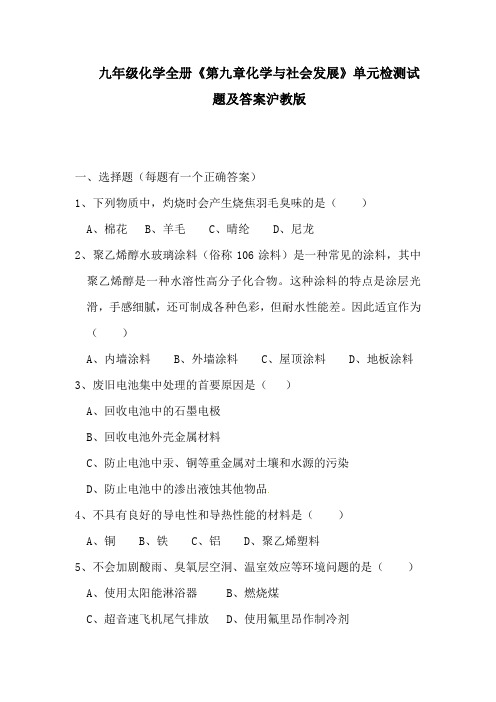 九年级化学全册《第九章化学与社会发展》单元检测试题及答案沪教版