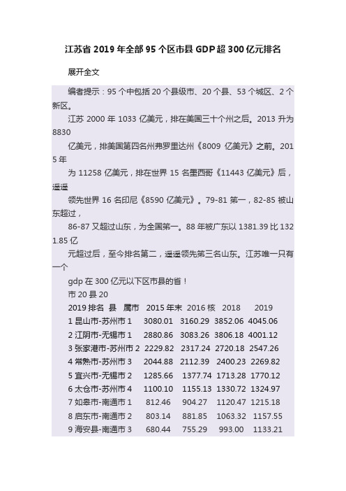 江苏省2019年全部95个区市县GDP超300亿元排名