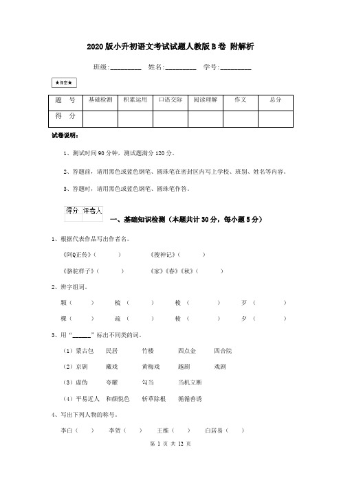 2020版小升初语文考试试题人教版B卷 附解析