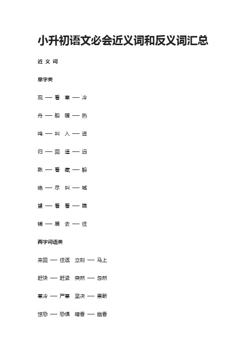 [精]小升初语文必会近义词和反义词汇总