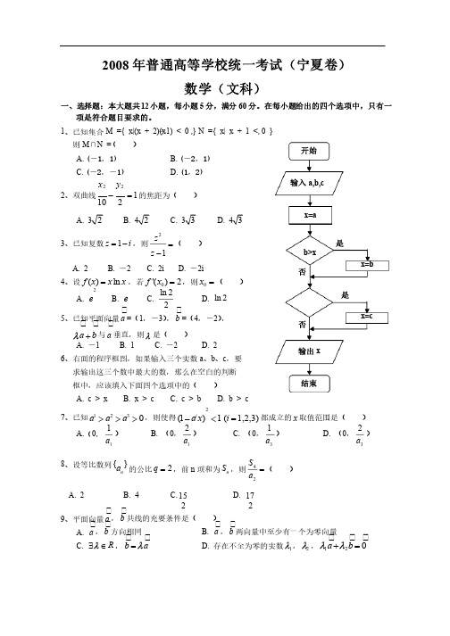 2008年高考文科数学试题及答案（海南宁夏卷）