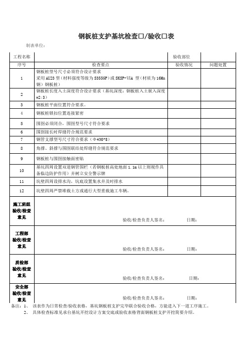 基坑支护检查验收表(钢板桩支护专用)