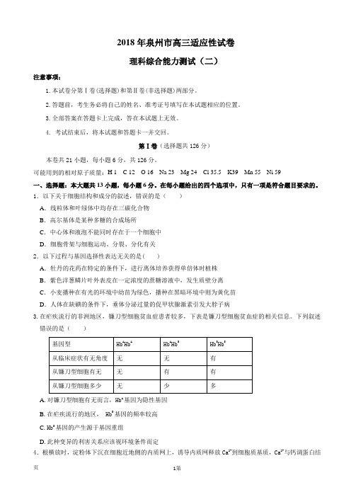 2018年福建省泉州市高三适应性考试(二)理综试题(word版)