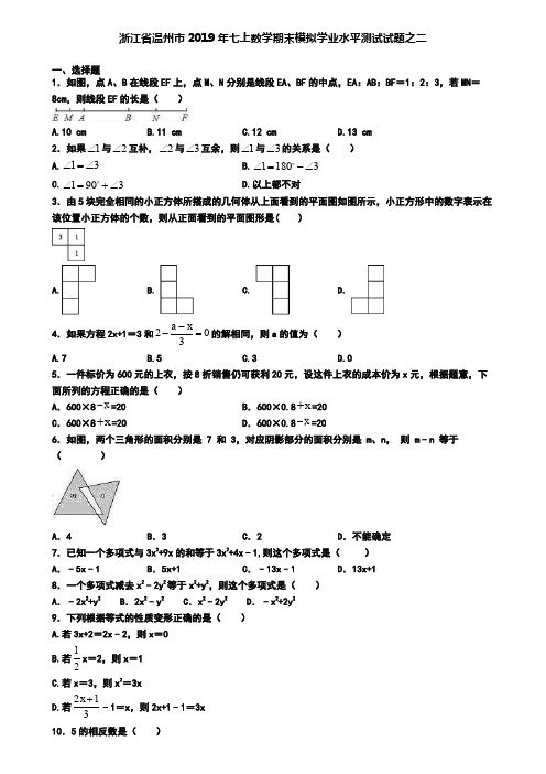 浙江省温州市2019年七上数学期末模拟学业水平测试试题之二