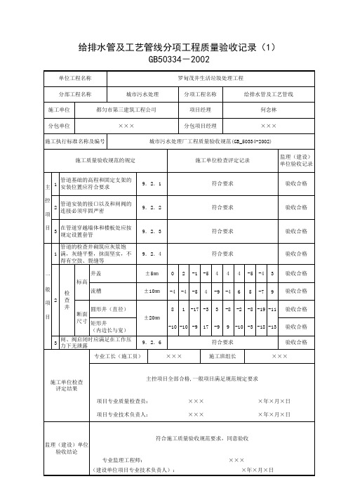 001-给排水管及工艺管线分项工程质量验收记录