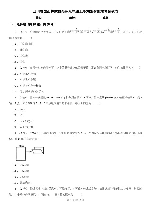 四川省凉山彝族自治州九年级上学期数学期末考试试卷