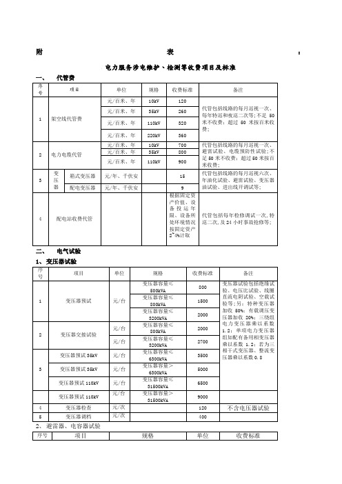 电力服务收费项目和标准