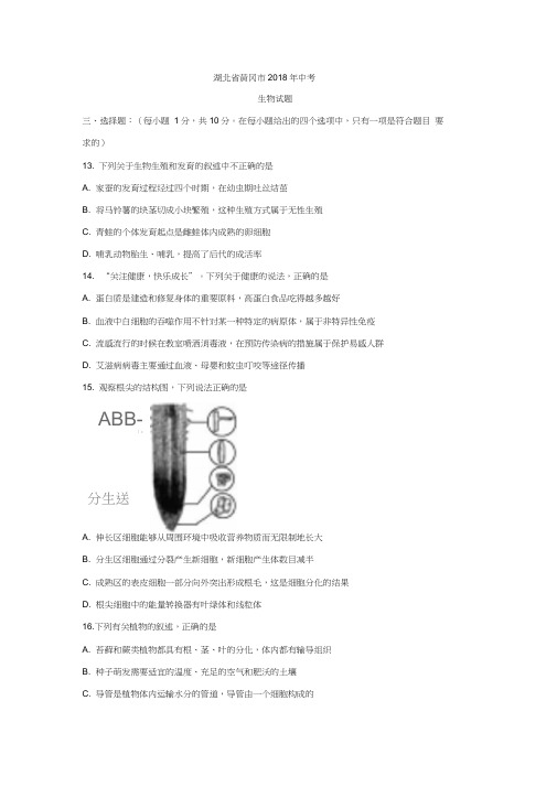 湖北省黄冈市2018年中考生物试题(word版,含答案)