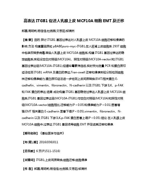 高表达ITGB1促进人乳腺上皮MCF10A细胞EMT及迁移