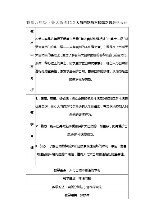政治八年级下鲁人版6.12.2人与自然的不和谐之音教学设计