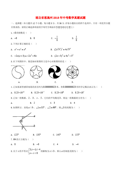 湖北省恩施州2018年中考数学真题试题(扫描)