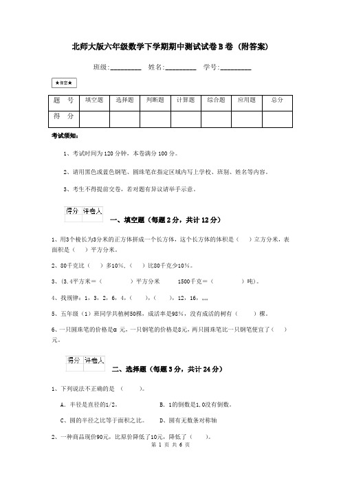 北师大版六年级数学下学期期中测试试卷B卷 (附答案)