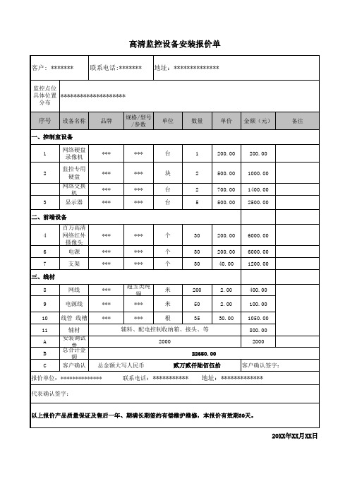 安装高清监控设备系统报价清单表格模板(excel文档可修改)