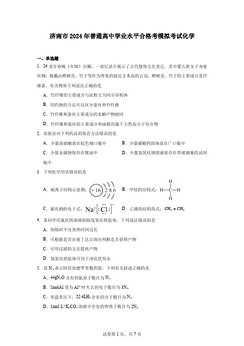 济南市2024年普通高中学业水平合格考模拟考试化学