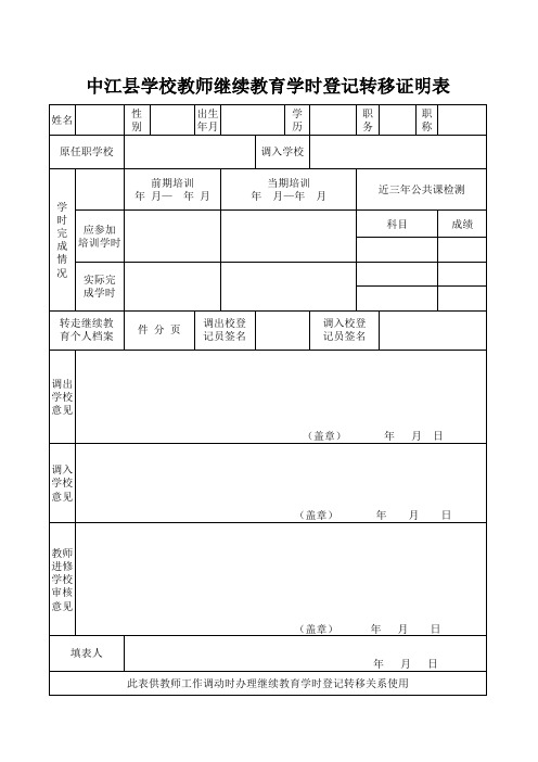 学校教师继续教育学时登记转移证明表