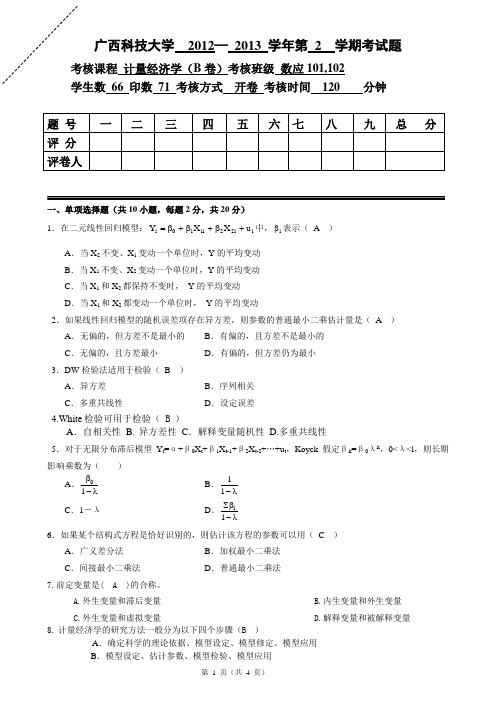 计量经济学考试B卷及答案