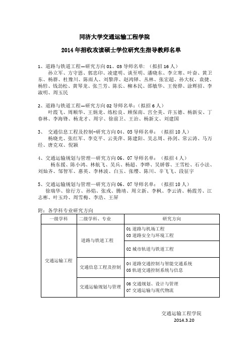 同济大学交通运输工程学院2014年招收硕士研究生指导教师名单