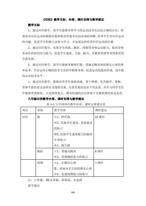 部编人教版九年级体育与健康《田径》教学目标、内容、课时安排与教学建议