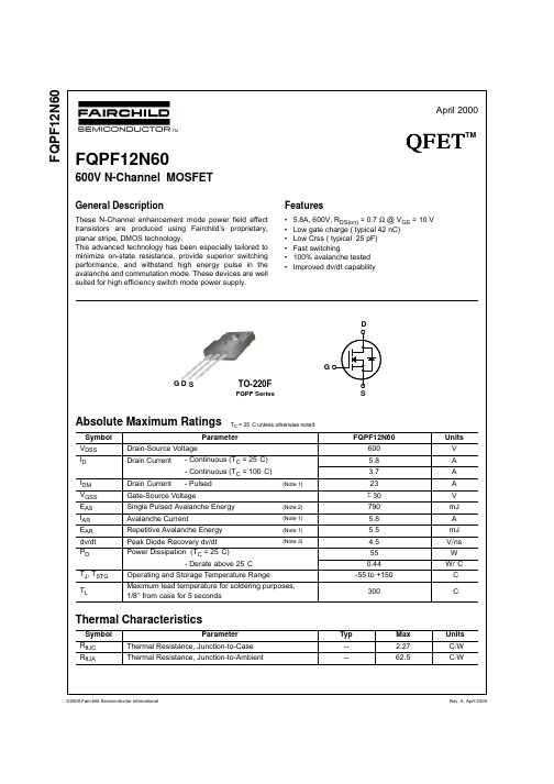 FQPF12N60中文资料