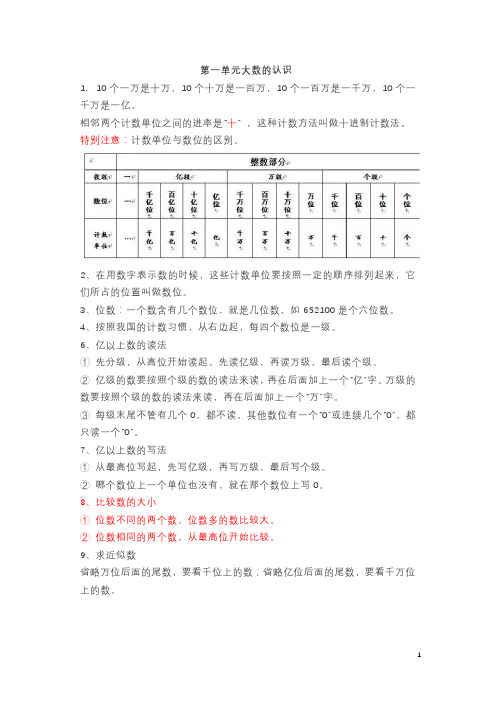 人教版四年级数学上册期末复习资料(知识点考点汇总)