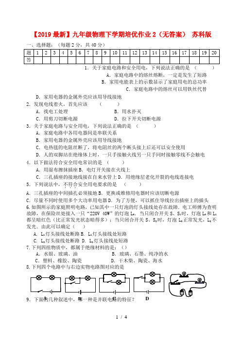 【2019最新】九年级物理下学期培优作业2(无答案) 苏科版