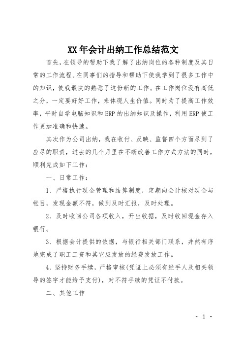 XX年会计出纳工作总结范文