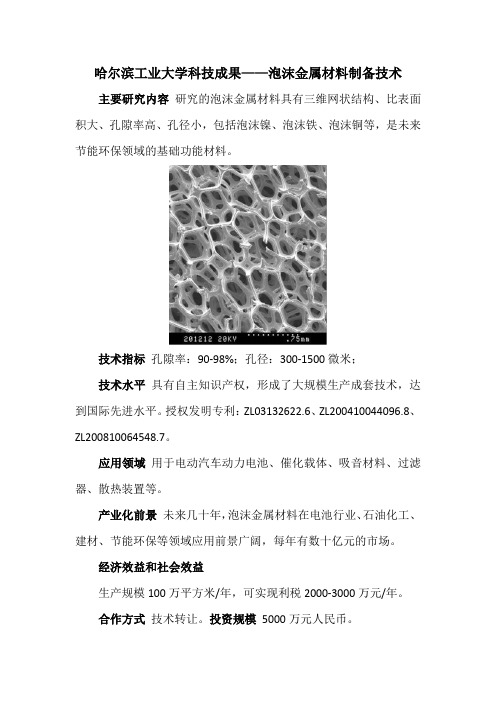 哈尔滨工业大学科技成果——泡沫金属材料制备技术