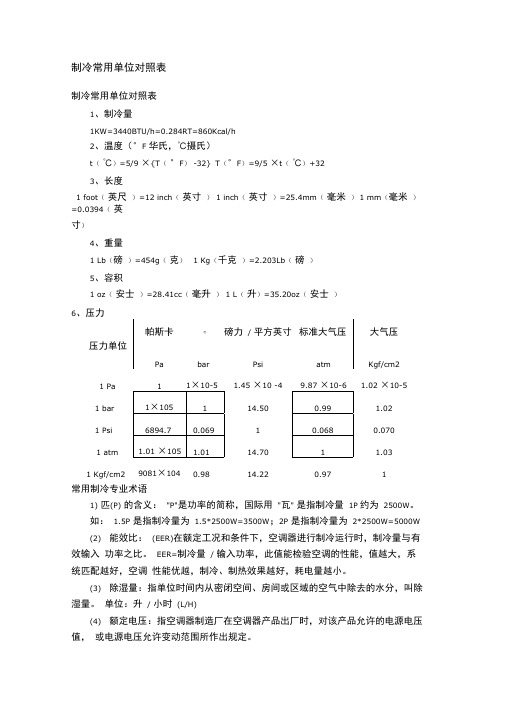 制冷常用单位对照表