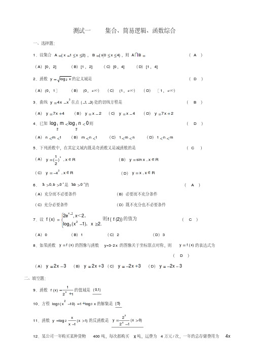 高三第二轮复习专题测试题(一)(数学-集合、简易逻辑、函数)