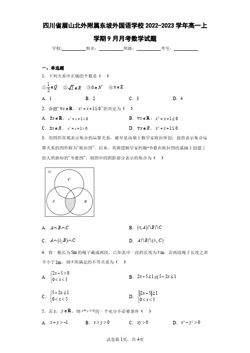 四川省眉山北外附属东坡外国语学校2022-2023学年高一上学期9月月考数学试题(含答案解析)