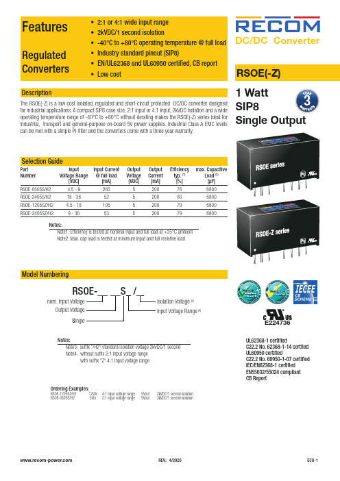 RSOE(-Z) 低成本的隔离、调节和短路保护的 DC DC 转换器说明书