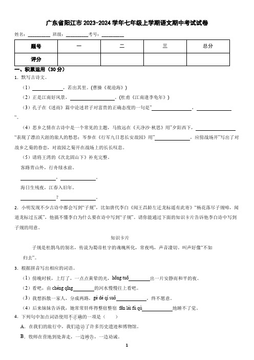 广东省阳江市22023-2024学年七年级上学期语文期中考试试卷(含答案)