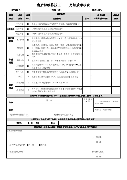 售后部维修技工绩效考核表