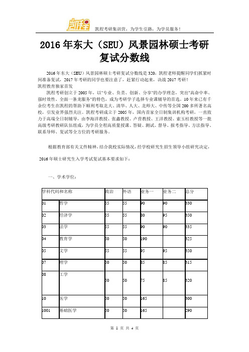 2016年东大(SEU)风景园林硕士考研复试分数线