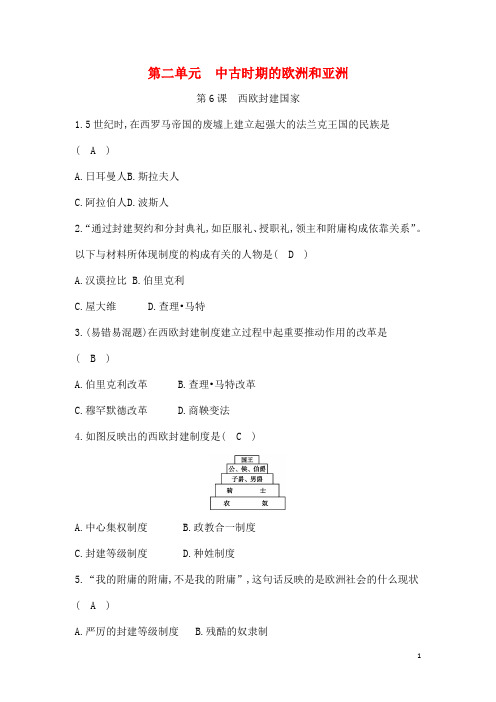 九班级历史上册第二单元中古时期的欧洲和亚洲第6课西欧封建国家课后练习中华书局版