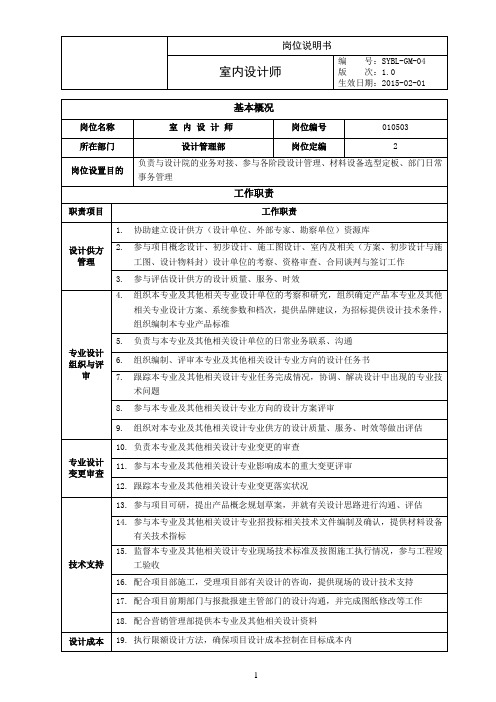 室内设计师岗位说明书