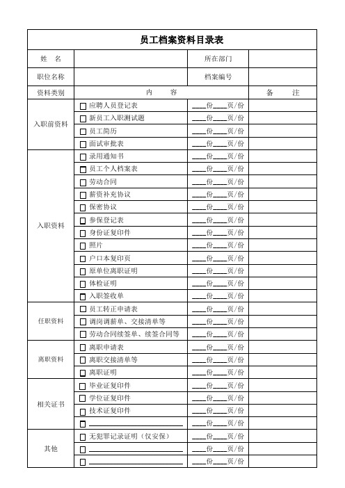 员工(档案袋)资料目录表