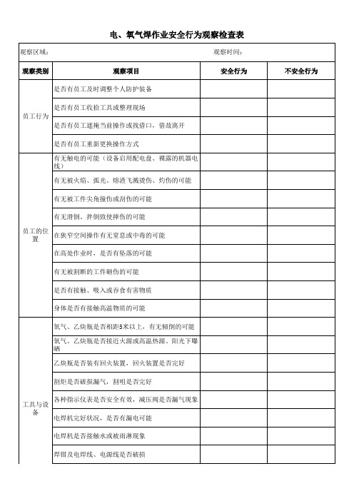 电氧气焊作业安全行为观察检查表