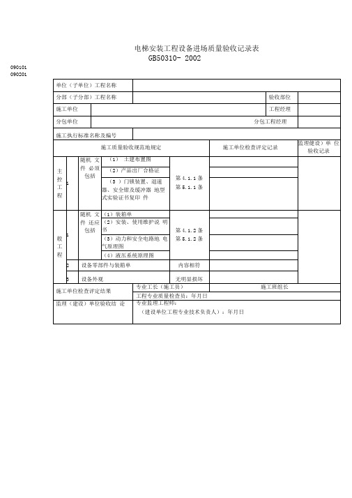 电梯安装工程项目设备进场质量验收记录表